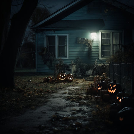 Halloween pumpkins in front of a house at night. Selective focus.の素材