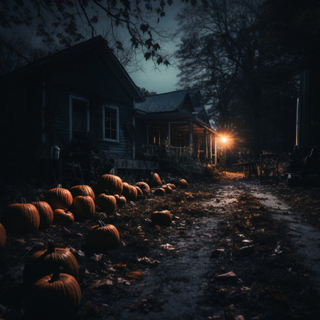 Pumpkins in front of old wooden house at night. Halloween backgroundの素材