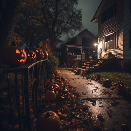 Halloween pumpkins in front of a house at night, Halloween backgroundの素材
