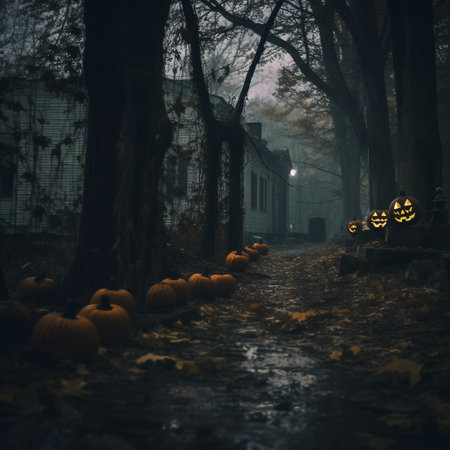 Halloween pumpkin lanterns in foggy forest at night. Selective focus.の素材