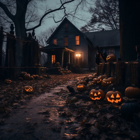 Halloween pumpkins in front of a house in the forest.の素材