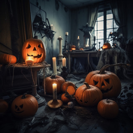 Halloween pumpkins in a dark room with candles and decorations.の素材