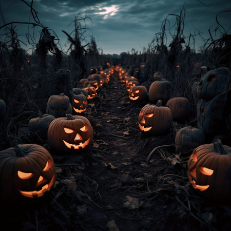 Halloween pumpkins in the field at night. Halloween background.の素材