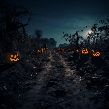 Halloween background with pumpkins on the road in the forest.の素材