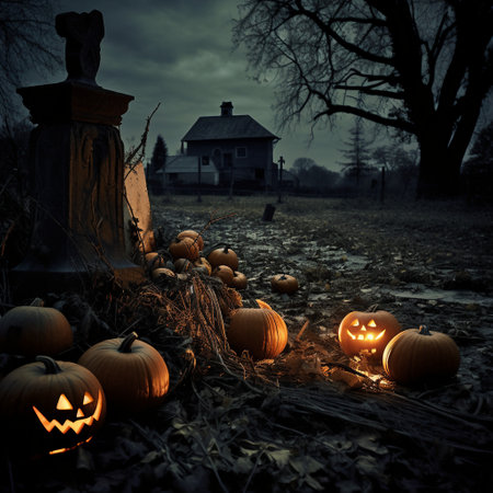 Halloween pumpkins in front of a haunted house in the forestの素材