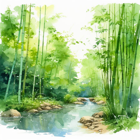 Watercolor landscape with bamboo forest and stream. Hand drawn illustration.の素材