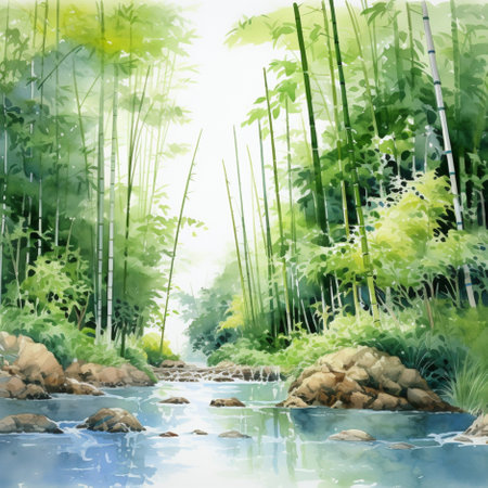 Bamboo forest and river watercolor illustration. Digital painting on canvas.の素材