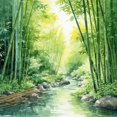 Bamboo forest and stream. Watercolor painting. Vector illustration.の素材