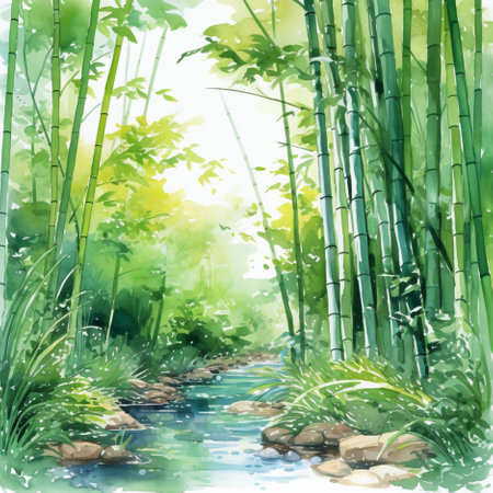 Bamboo forest and stream. Watercolor hand drawn illustration for your designの素材