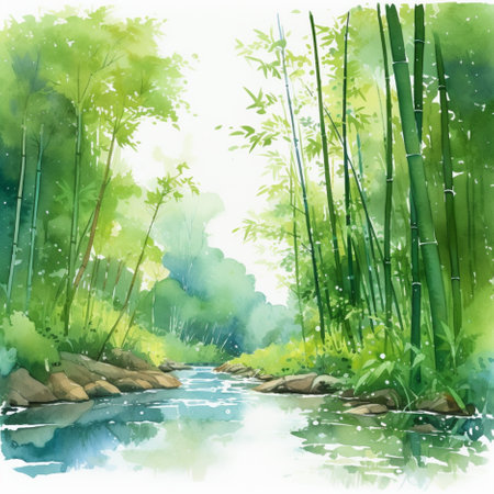 Bamboo forest and river. Watercolor illustration of a bamboo forest.の素材