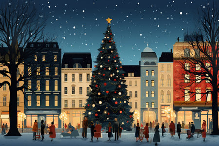 Christmas and New Year background with Christmas tree and people in the cityの素材