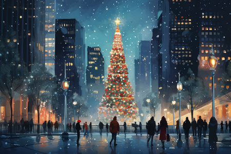 People walking in the city with a Christmas tree in the background.の素材