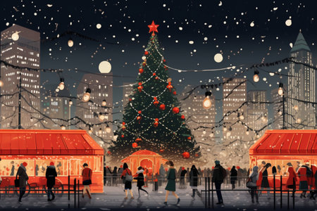 Christmas market at night with people walking in the city. 3D renderingの素材