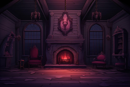 Illustration of an old wooden house with fireplace and armchair.の素材