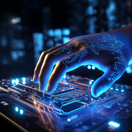Close up of human hand touching circuit board with finger 3D renderingの素材
