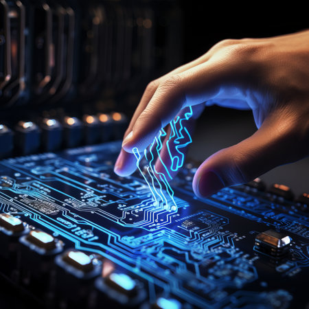 Hand touching digital circuit board. Technology concept. 3D Renderingの素材