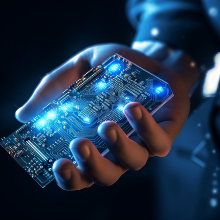 Close up of businessman hand holding circuit board on dark background 3D renderingの素材