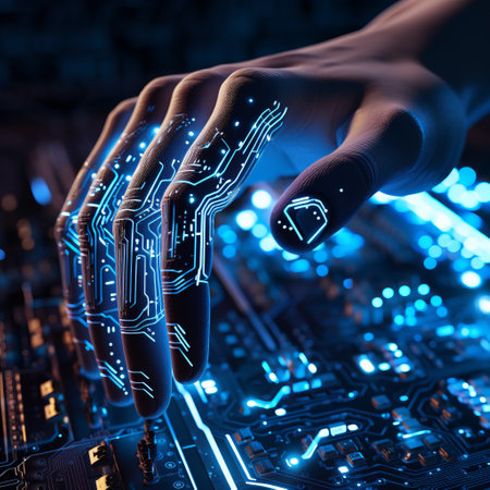 Close up of human hand touching circuit board. Technology and innovation conceptの素材