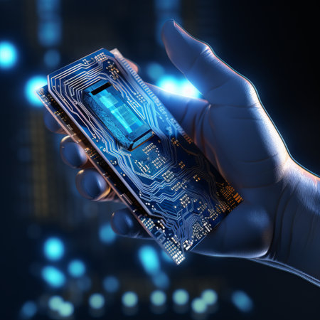 Microprocessor in hand, close-up. Technology concept. 3D renderingの素材
