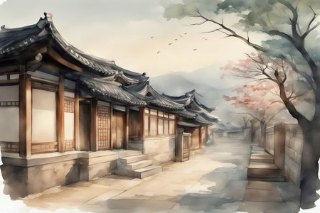 Watercolor painting of traditional Korean architecture in Gyeongju, Koreaの素材