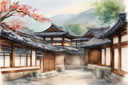 Traditional Korean architecture in the south of Korea. Watercolor painting.の素材