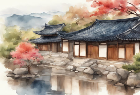 Watercolor painting of Korean traditional house in autumn. Traditional Korean architecture.の素材