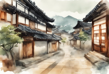 Digital watercolor painting of traditional chinese architecture in South Korea.の素材