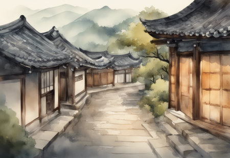 Traditional Korean architecture in the mountains. Watercolor painting on paper.の素材