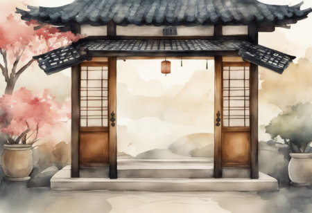 Korean traditional house in watercolor painting. Traditional house in Korea.の素材