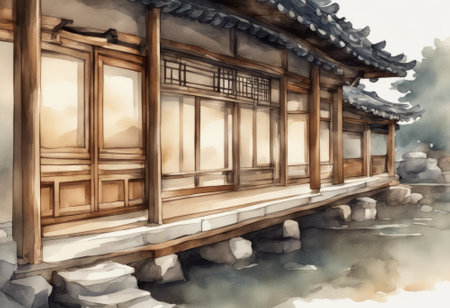 Chinese traditional wooden house in the water. Digital watercolor painting.の素材