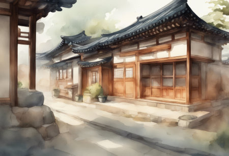 Watercolor painting of a traditional Korean house in the middle of the streetの素材