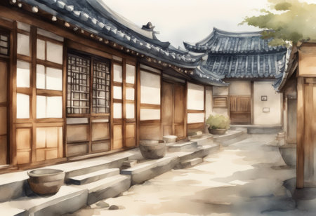 Traditional Korean architecture in South Korea. Watercolor painting and illustration.の素材