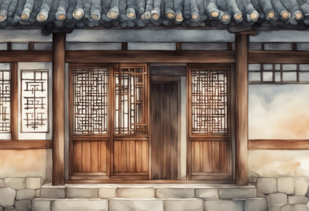 Traditional Korean style house with window and door. Watercolor painting.の素材