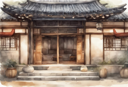 Watercolor painting of traditional japanese house in china.の素材