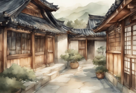 Traditional chinese architecture in south korea,watercolor painting.の素材