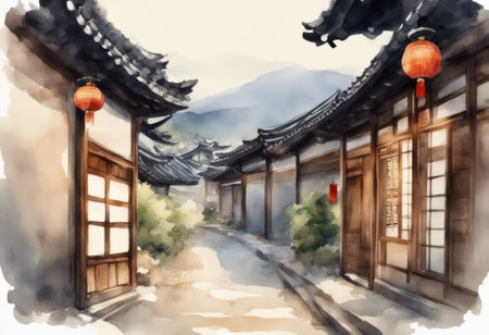 Watercolor painting of traditional chinese houses in south korea.の素材
