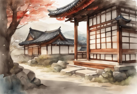 Watercolor painting of japanese temple in the morning. Digital art painting.の素材