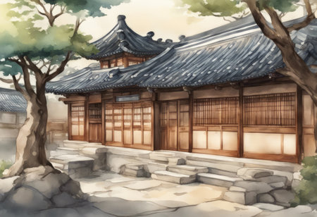 Watercolor illustration of a traditional Korean house in the style of Chinese architectureの素材