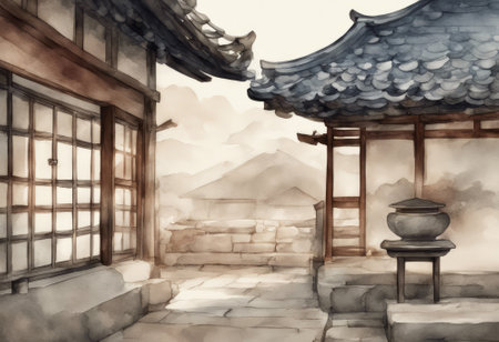 Korean traditional architecture in the style of watercolor painting on canvasの素材