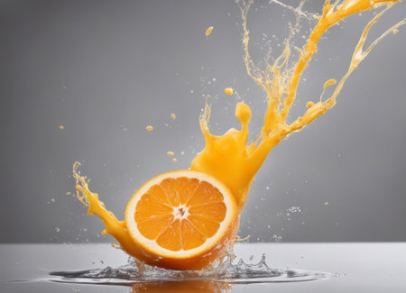 Orange juice splashing out of the glass on a gray background.の素材