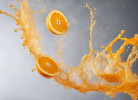 Orange juice splash isolated on grey background. Orange juice splashing.の素材