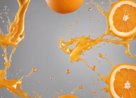 Orange juice splashing isolated on grey background. Orange juice splash.の素材