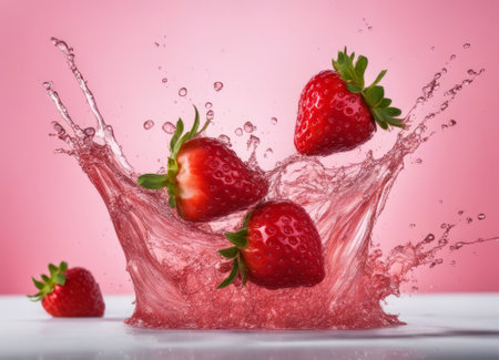 Strawberry splash with water drops, isolated on pink background.の素材