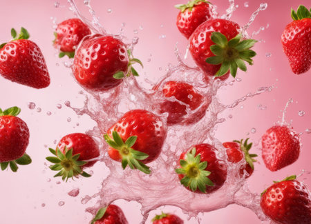 Fresh strawberries falling into water with splash on pink background, closeupの素材