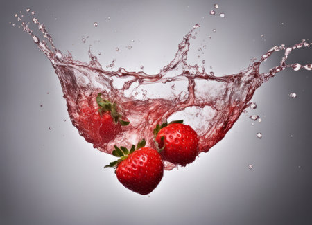 strawberry splashing in water with splash, isolated on gray backgroundの素材