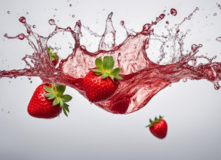 Strawberries falling into water with splash, isolated on white backgroundの素材
