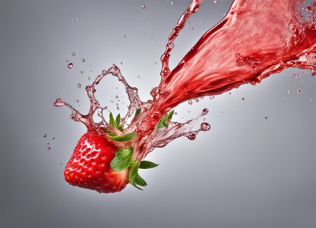strawberry splashing into the water, isolated on gray backgroundの素材