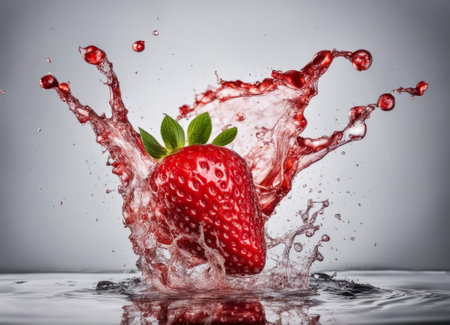 Strawberry splashing into the water with a splash on a gray backgroundの素材