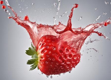 strawberry splashing into a glass of juice on a gray backgroundの素材