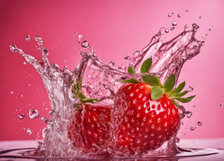 Strawberries falling into water with splash, isolated on pink backgroundの素材